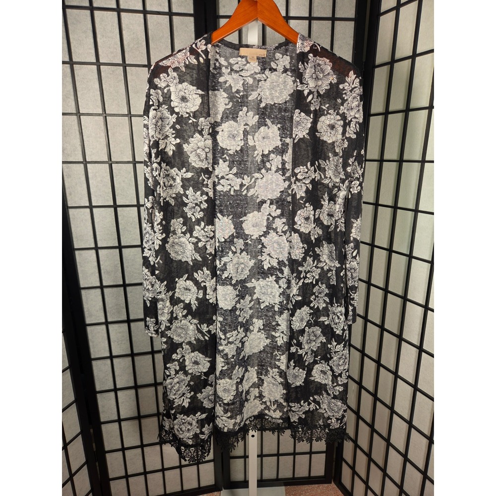 One A Womens Floral Whimsigoth Cardigan Black White Lace Trim Long Sleeve Medium